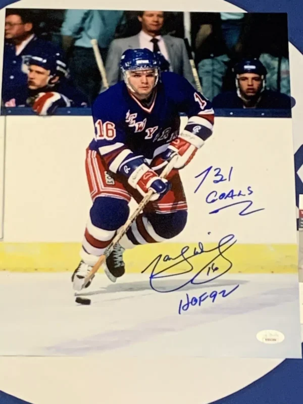 Marcel Dione New York Rangers HHOF 700 Goals Auto 11x14 Photo JSA / Coa