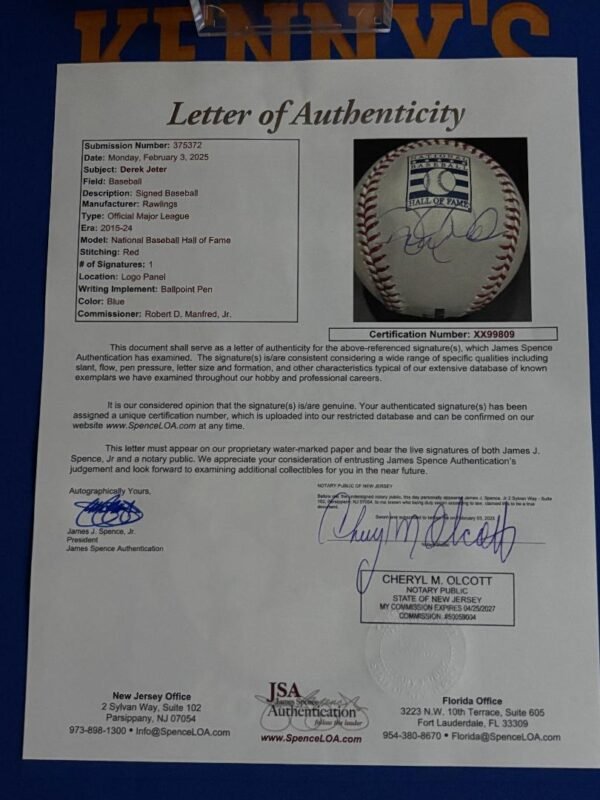 Yankee Great & Hall of Famer Derek Jeter Autographed Hall of Fame Logo Ball JSA Letter - Image 4